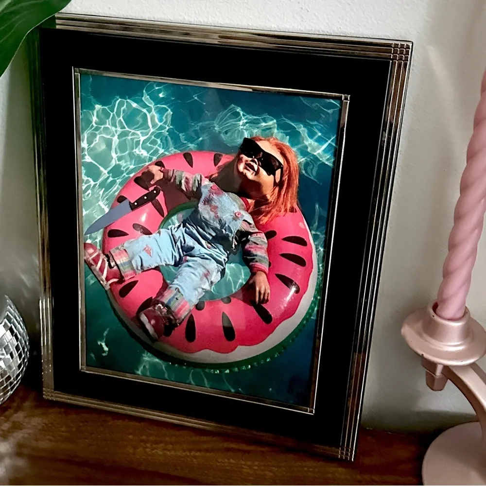 Chucky & His Knife on Pool Float Summer Fun Scary Horror Movie Print Framed Art